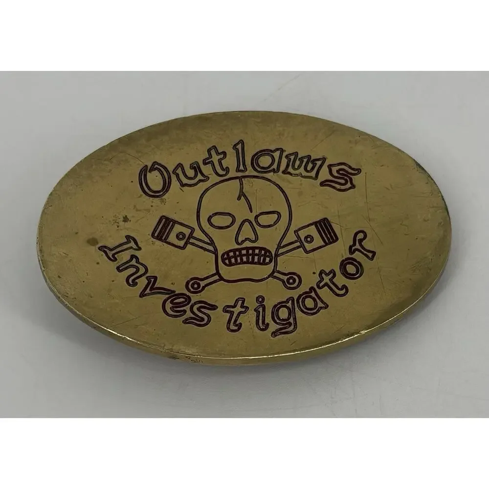 Rare Vtg 1980 Baron Buckles Brass Outlaws Investigator Skull Belt #241 Pistons